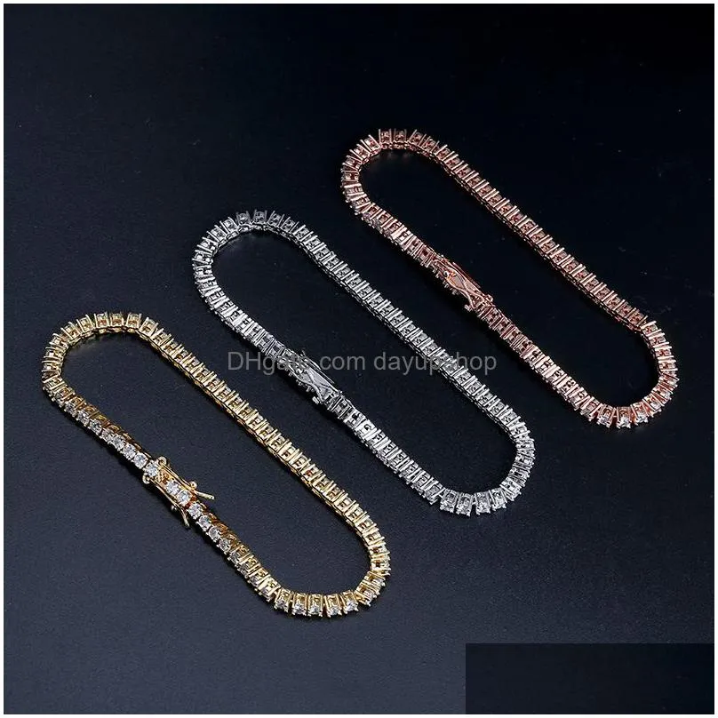 fashion hip hop iced out tennis chain aaa cubic zirconia copper bracelet diamond designer jewelry for men women 18k gold silver