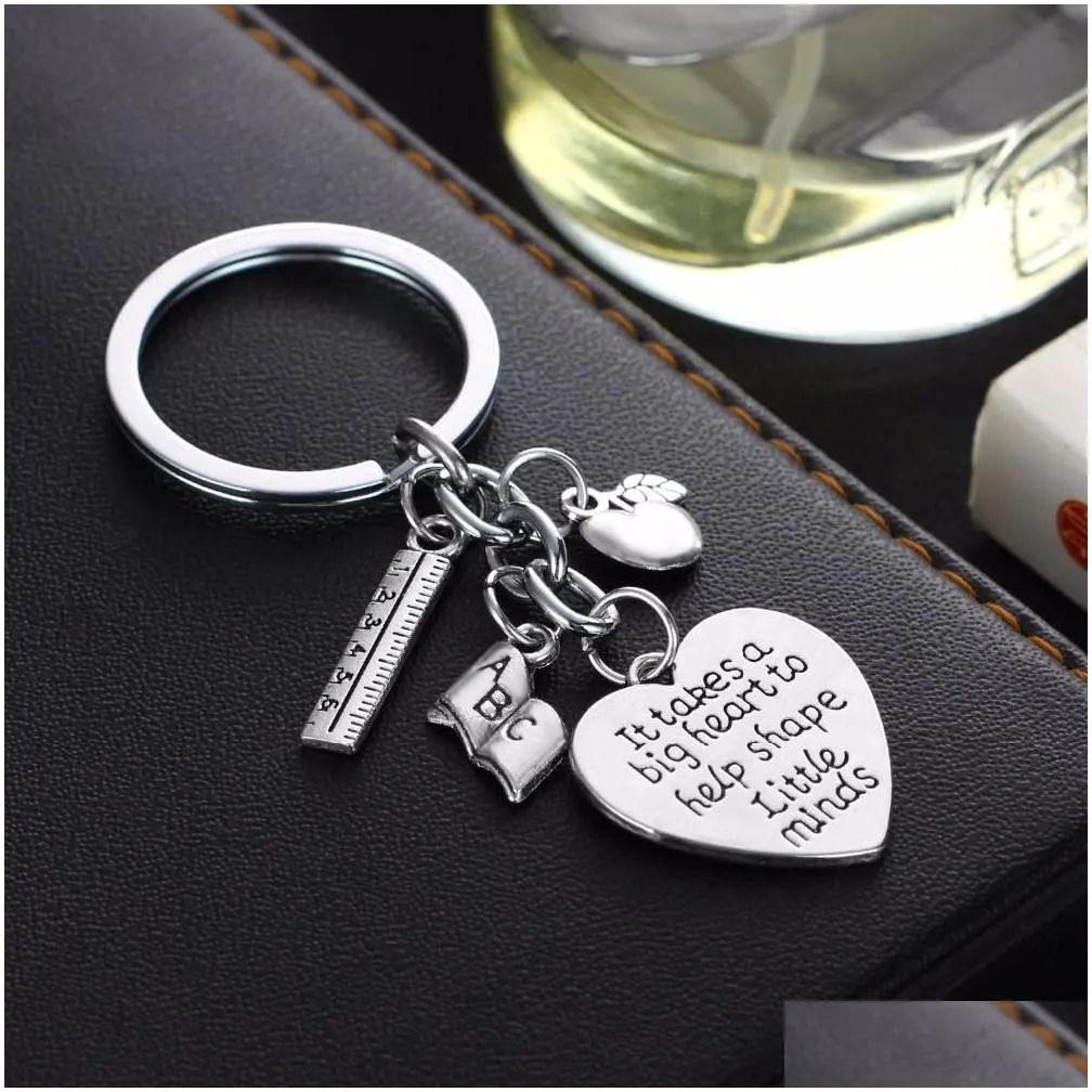 12pcs Metal Charms Keyring It Takes A Big Heart To Help Shape Little Minds Keychain  Ruler Abc Letters Teachers Key Chains Rings