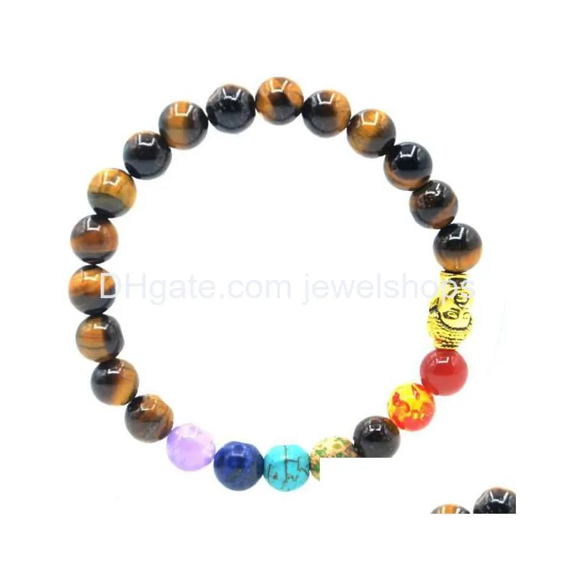 seven chakra buddha head bracelet yoga energy healing stone lapis tiger eye antique gold lava stretch bracelet for man and woman