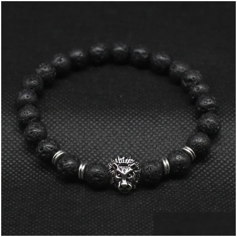 wholesale  head beaded stands bracelets jewelry black lava stone bracelet for men women