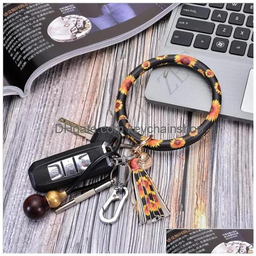 18 colors leather wristlet tassel leopard bracelet bangle key holder key chain ring leather wrap sunflower key ring bangle chains