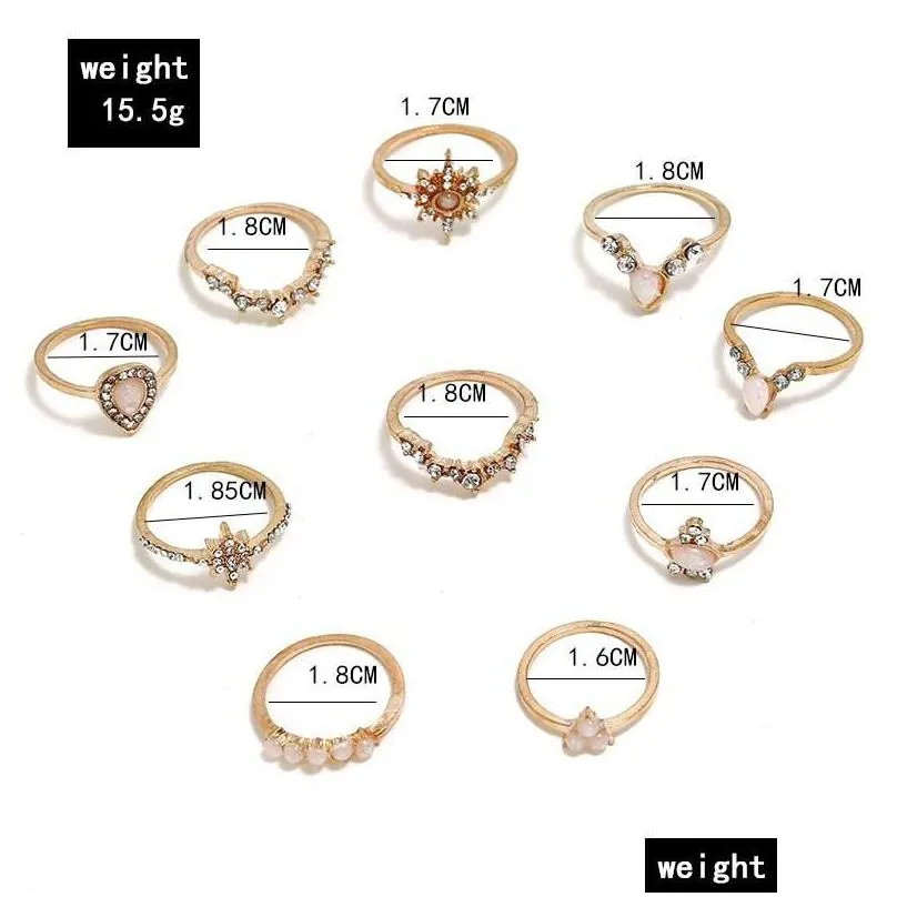 cluster rings simple fashion metal ten-piece / joint ring inlaid zircon unique set sun flower ladies jewelry decoration