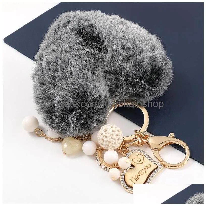 fluffy heart pompom key rings jewelry for women personalized rhinestone love keychains pendant bag charm accessories