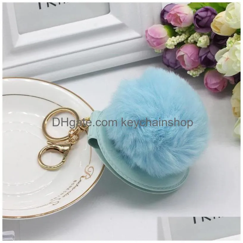 pu round mirror keyring fashion double-sided folding mirror keychain faux fur puff ball key holder pom pom keyring