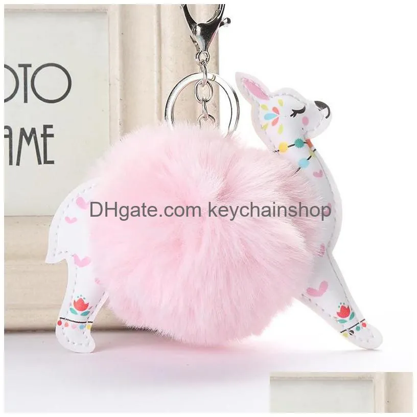 fluffy fur ball alpaca keychain leather animal keyring charm artificial rabbit fur pompom key chains women jewelry accessories