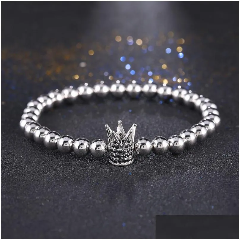 hot sale metal cz zirconia 4 clors king crown charm bracelet men dull polish bead bracelets for women