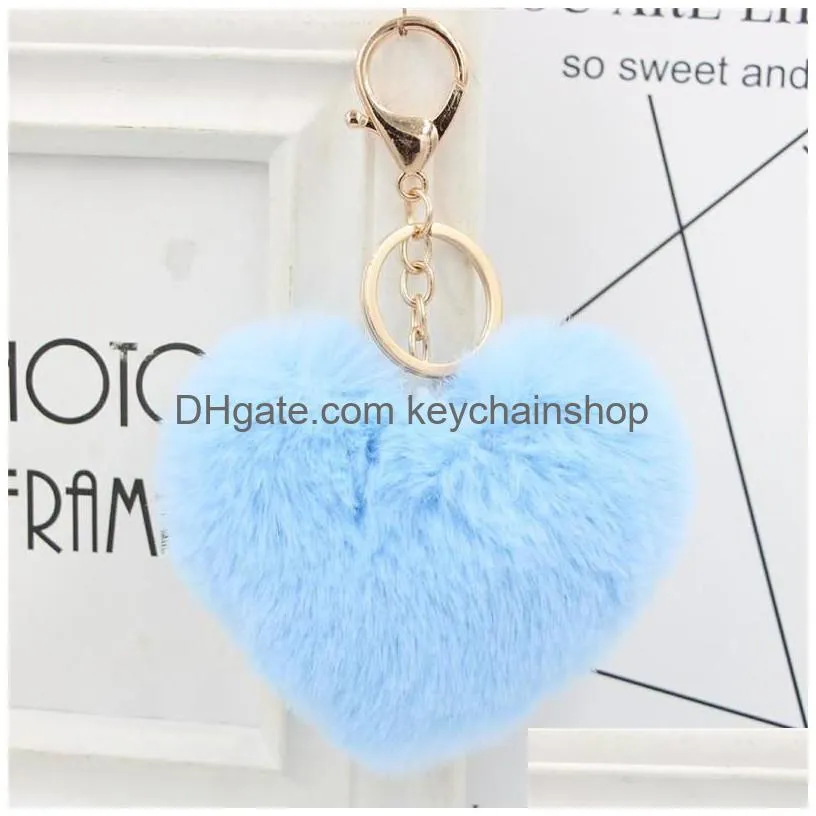10cm rabbit fur keychain creative fluffy heart pompom key rings for women high quality car bag pendant jewelry