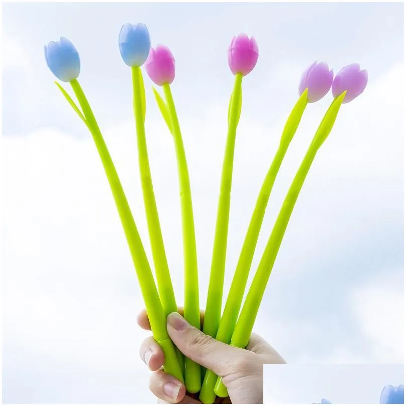 wholesale 20 pcs creative tulip silicone flower gel pen small  cute student examination sign pen stationary pens 210330