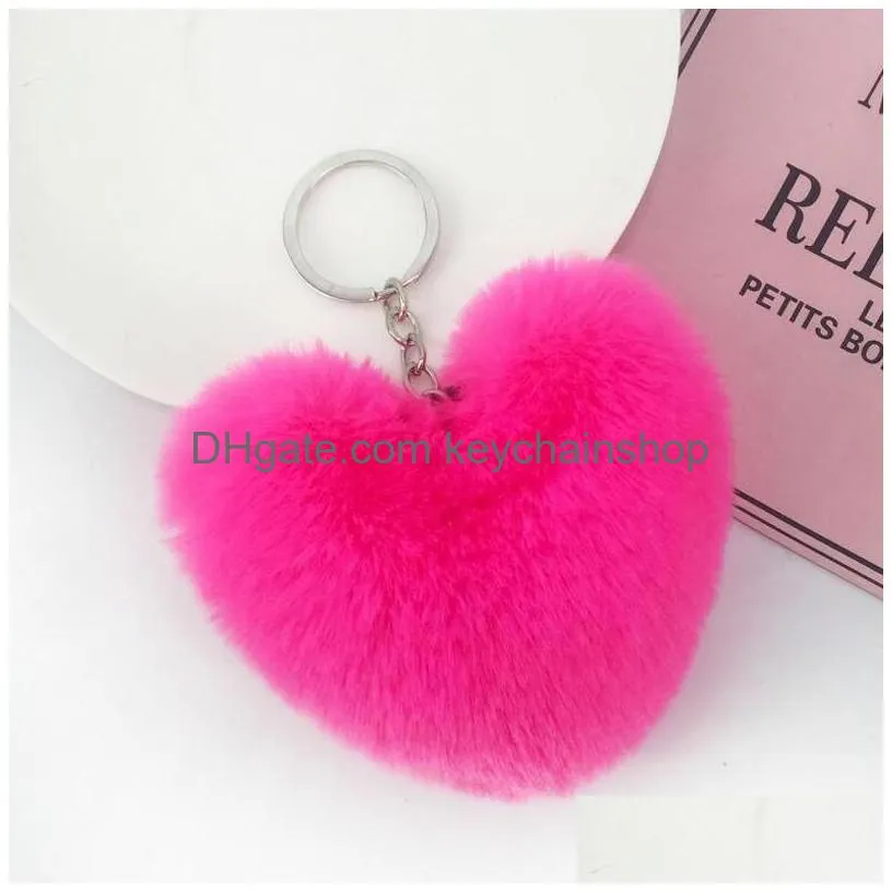 fluffy pompom keychain soft solid color heart shape faux rabbit fur ball car handbag key ring gift accessories