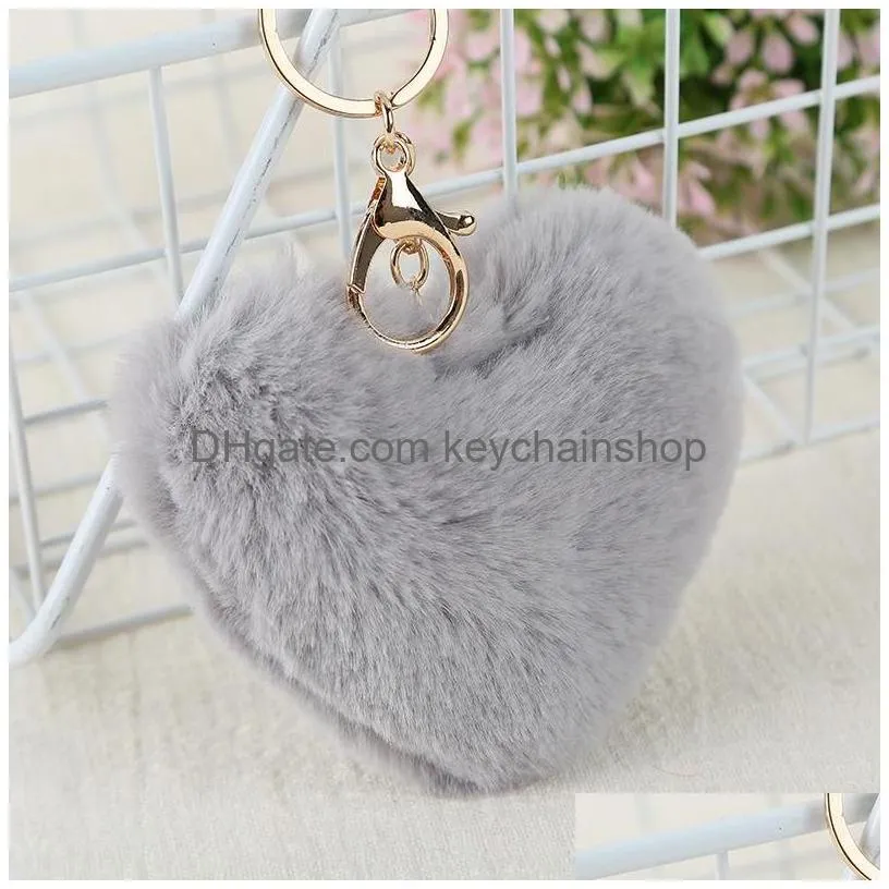 fashion heart pompoms keychain colorful fuzziness plush balls keyring decorative pendant for women car bag accessories key ring