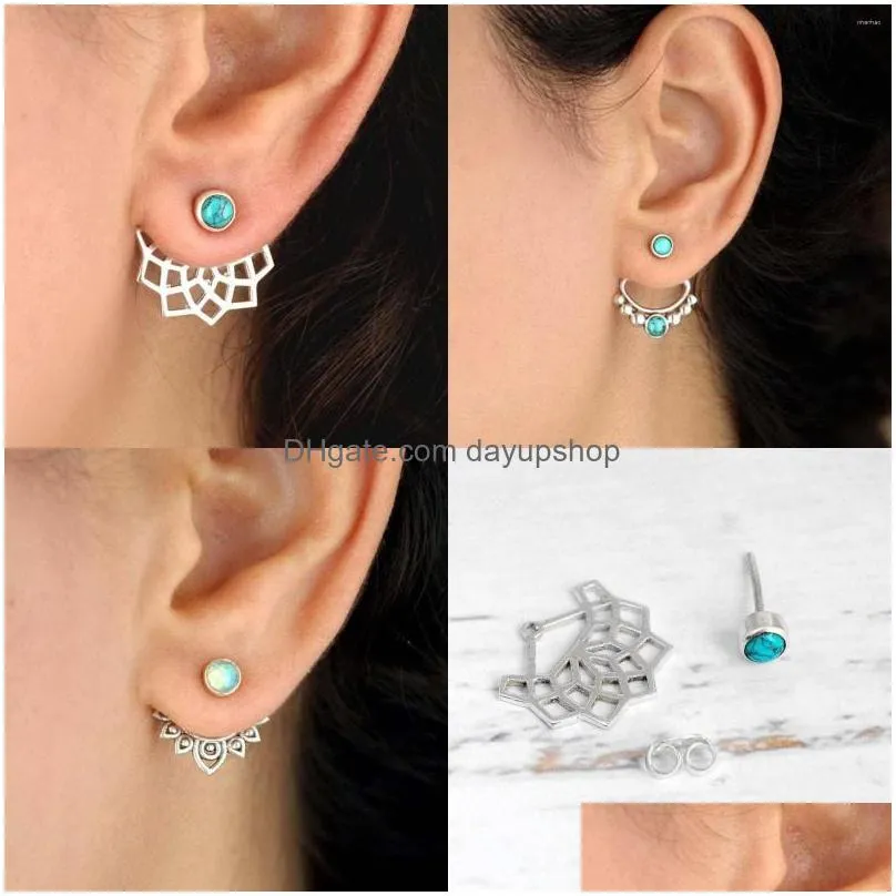 dangle earrings 1pair bohemian ear jacket stud chic bohemia antique silver color lotus flower hollow fashion jewelry for women