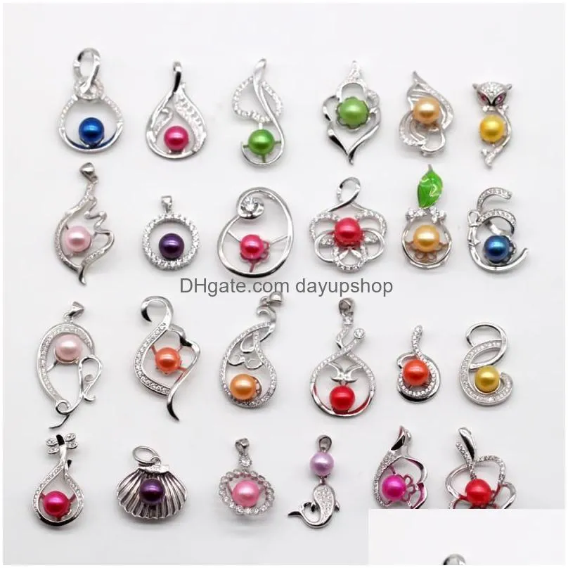 pendant necklaces on sale !!! 24 styles 925 sterling sliver pearl mounts jewelry with 6-8mm random mix color pearls 5/10pcs ss01