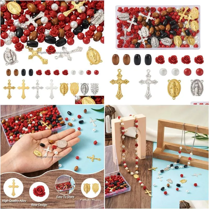 acrylic plastic lucite cross rosary necklace making kit with cinnabar rose bead wood bead glass pearl bead oval center link connectors charm diy supply