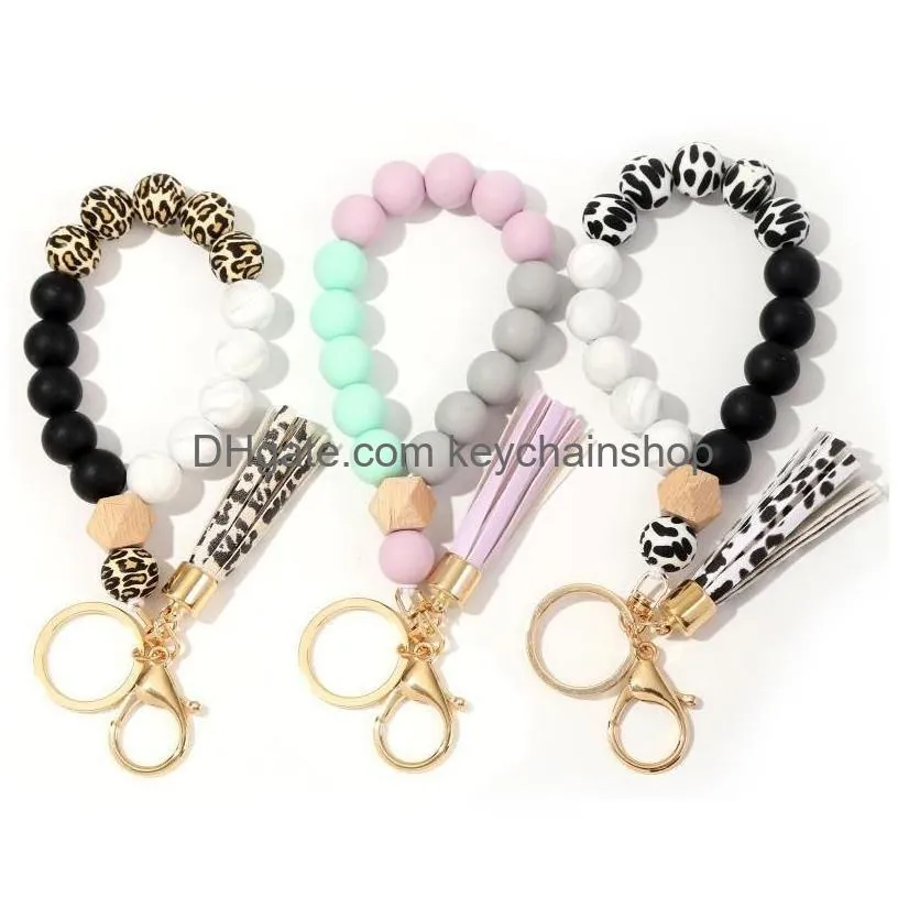 9 colors silicone leopard keychain for key rings tassel wood beads bracelet keyring women accessories