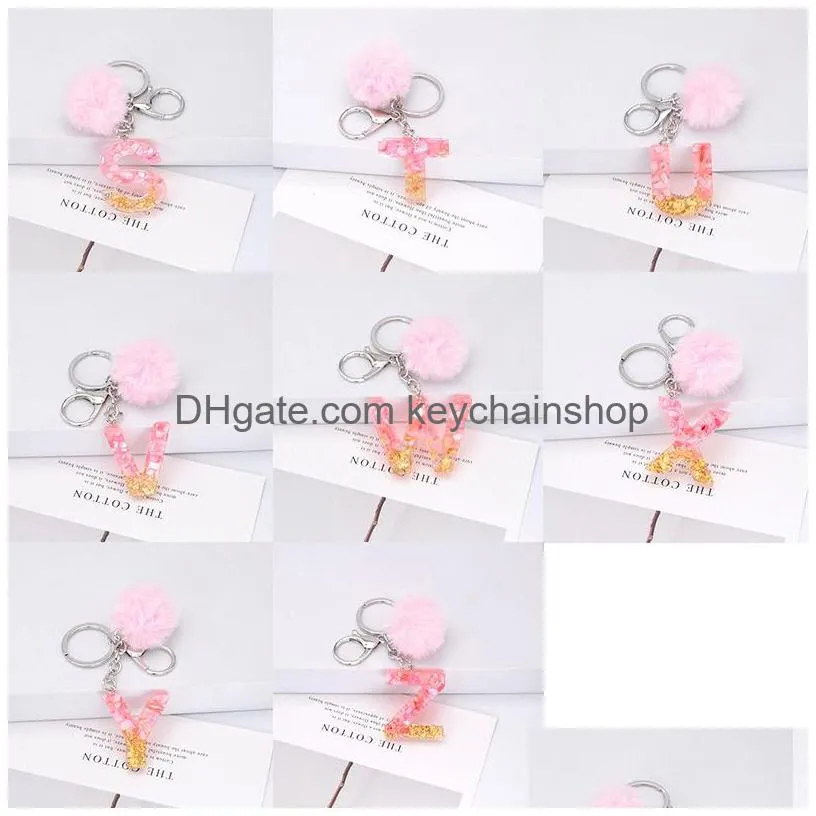 pink pompom english letter keychains gold leaf alphabet key chain rings with puffer ball glitter gradient resin car handbag