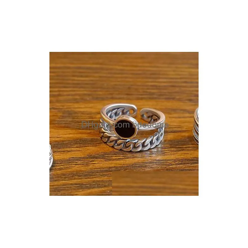 solid 925 sterling silver rings thai silver two layer round black gemstone chain ring finger jewelry valentine s day gifts