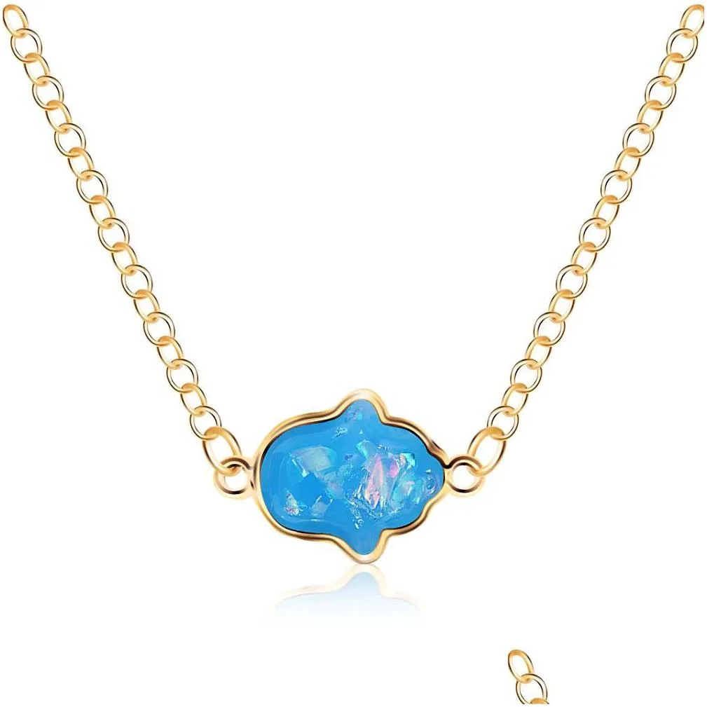 fashion blue white pink opal hand necklace charm pendant necklaces long chain women jewelry gifts