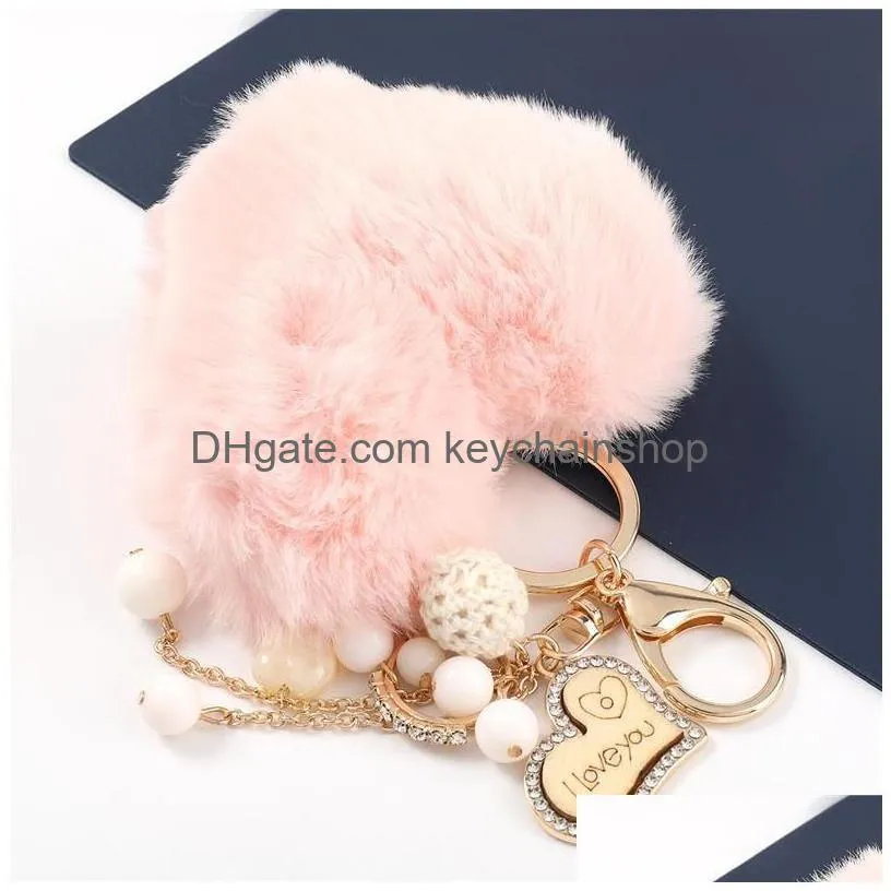 fluffy heart pompom key rings jewelry for women personalized rhinestone love keychains pendant bag charm accessories