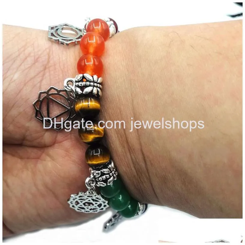 seven chakra symbol charm bracelet yoga healing stone amethyst quartz stretch bracelets gift for man and woman