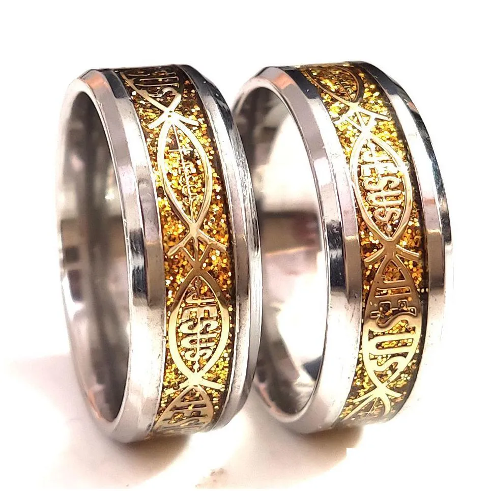 24pcs/lot high quality jesus letter 316l stainless steel ring top color mix religious christian fish finger rings men women wedding jewelry male bible