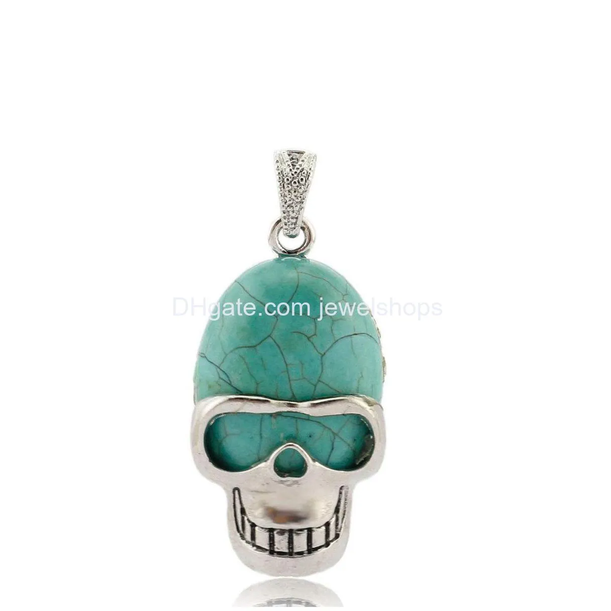 fashion skull gemstone pendant turquoise quartz amethyst skeleton with 18 inches brass chain necklace