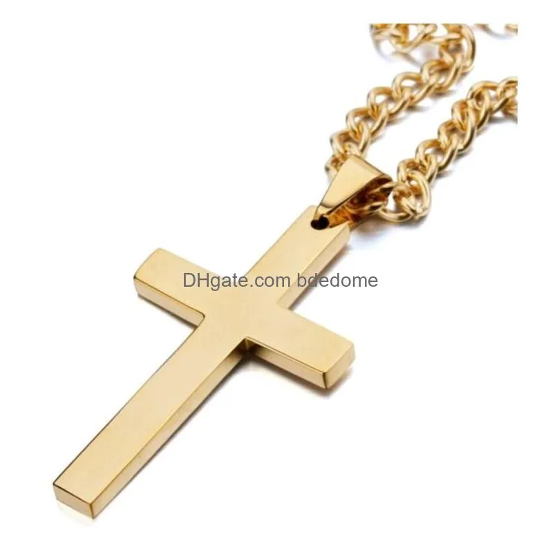 simple christian cross pendant necklaces for men religious jewelry stainless steel smooth surface crucifix sautoir trend women