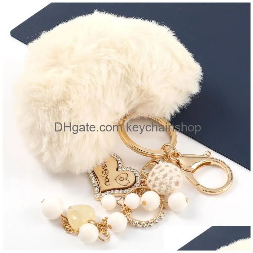 fluffy heart pompom key rings jewelry for women personalized rhinestone love keychains pendant bag charm accessories