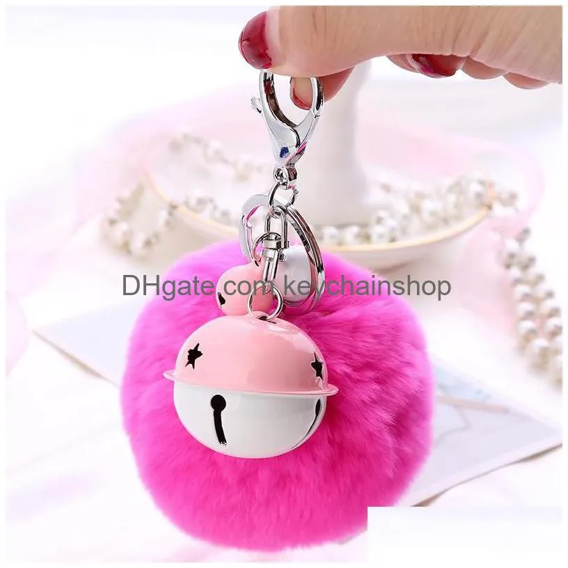 cute fashion fluffy plush keychain for women small bell fur ball keyfobs pompom keyring car key holder girls bag accessories