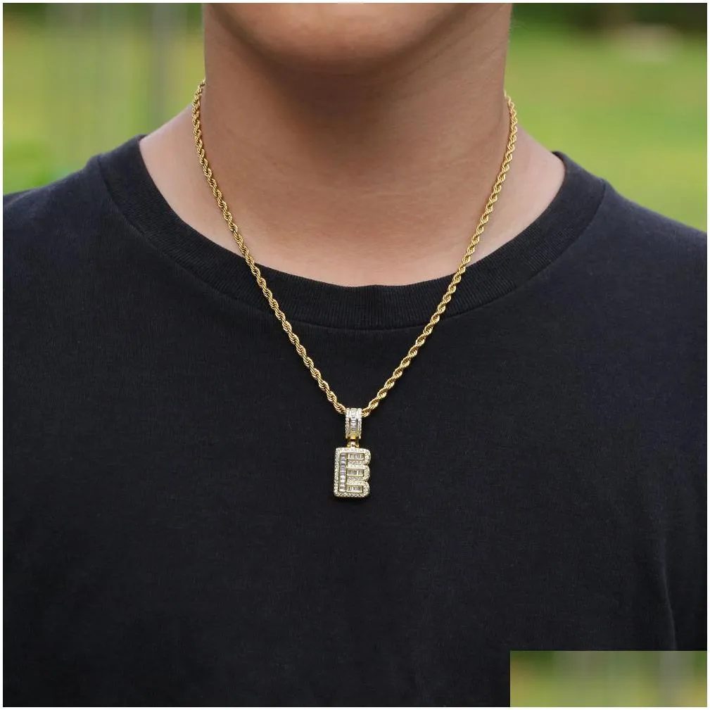 a-z iced english initials small baguette letters necklace pendant with rope chains fashion hip hop men women jewelry