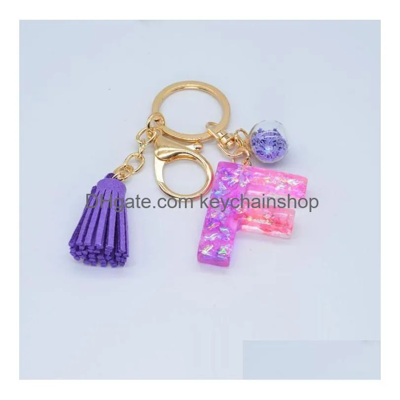 fashion resin flash pink 26 letter keychains clash color mosaic tassel pendant purple glue english word keychain