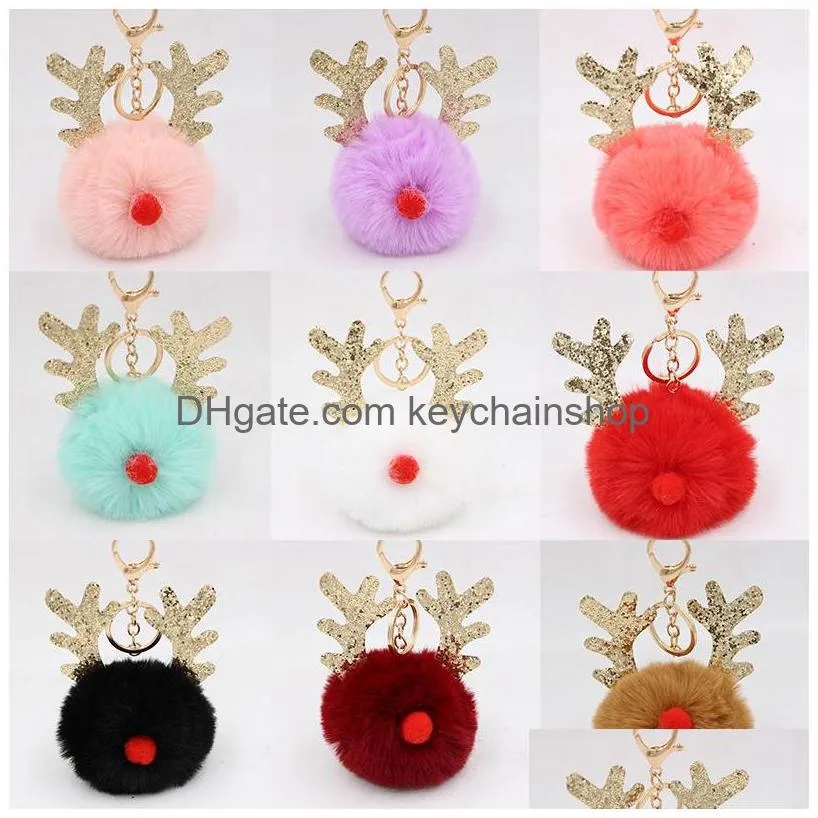 cute plush elk keychains pompom pendant key ring chains car keyring holder charm bag gifts christmas ornaments accessories
