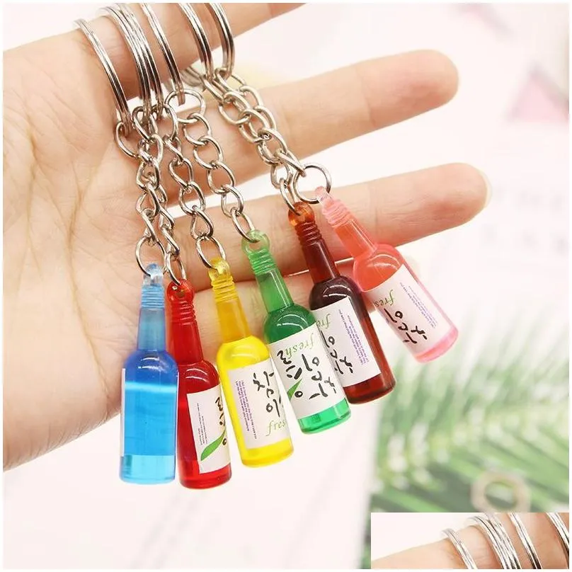 Keychains Korean Simulation Cute Tiny Soju Bottle Keychain Resin Beer Drink Keyring Women Trinket Jewelry Friend Travel Gift Souvenir