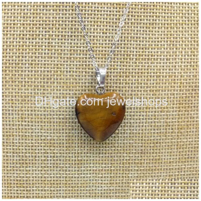 cute heart pendant 20mm gemstone quartz amethyst tiger eye labradorite moonstone with brass chain necklace for women valentine`s