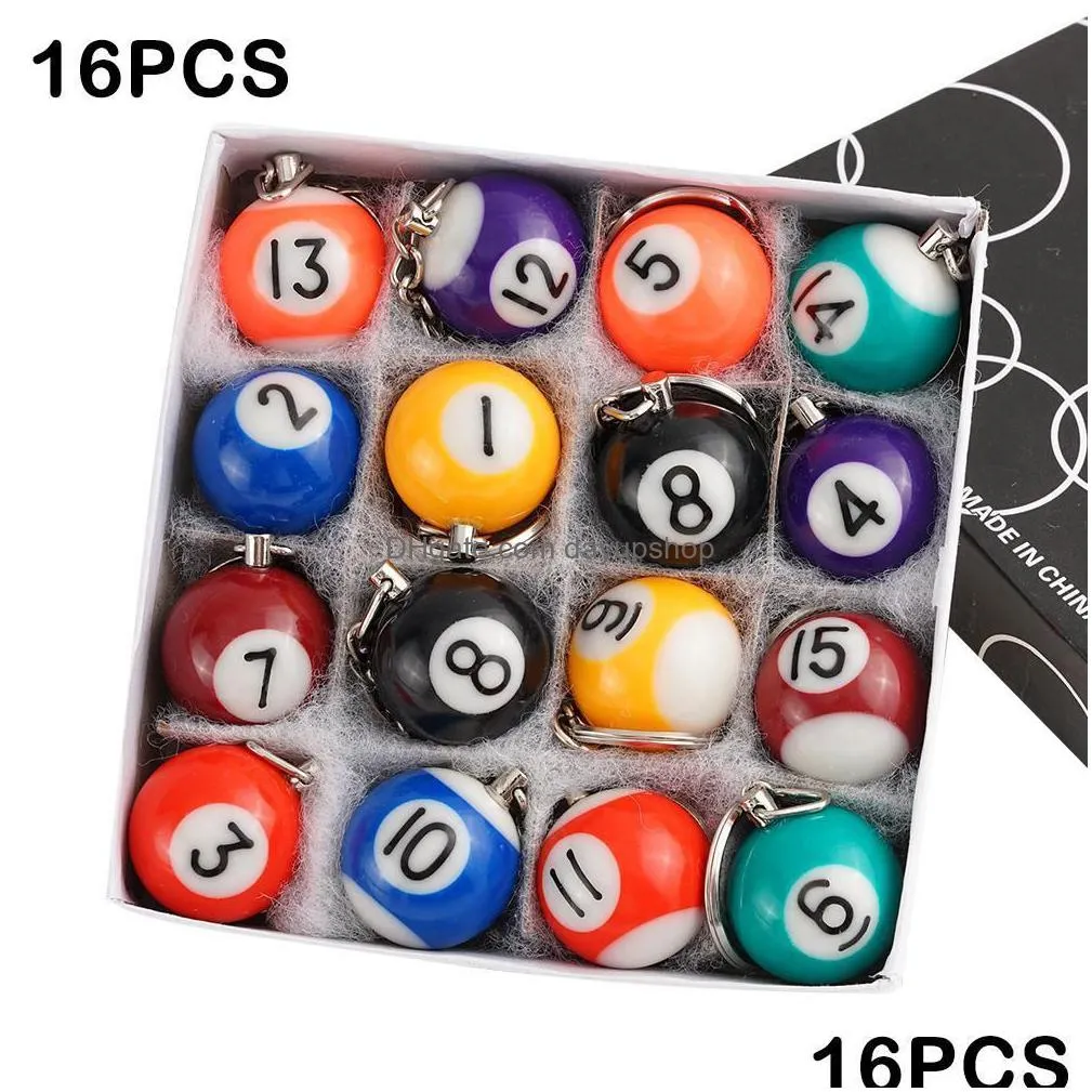 keychains lanyards 16pcs/set mini billiards shaped keyring assorted colorful billiards pool small ball keychain creative hanging decorations