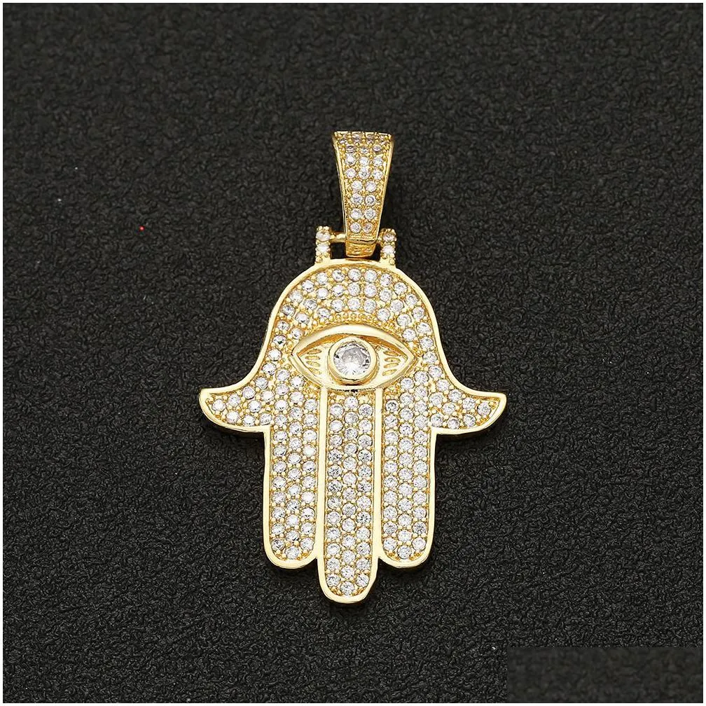 iced zircon hamsa hand pendant copper material gold silver fatima palm necklace hip hop jewelry for men women