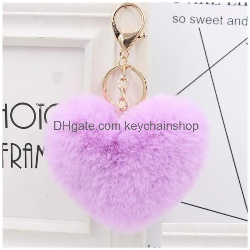 10cm rabbit fur keychain creative fluffy heart pompom key rings for women high quality car bag pendant jewelry