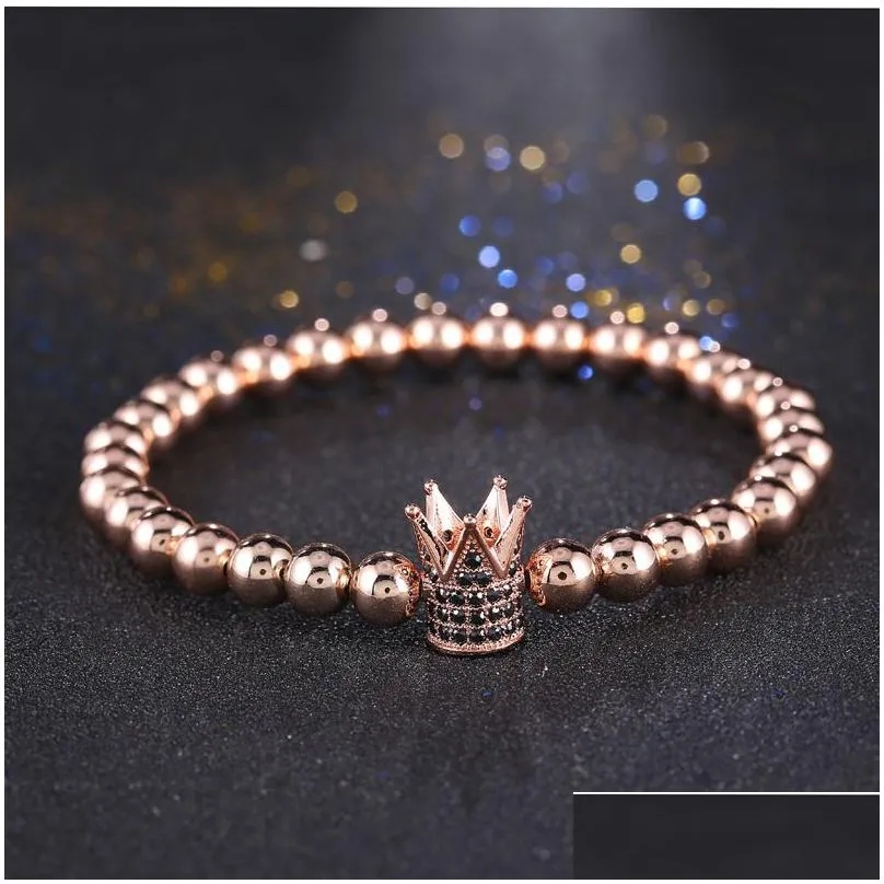 hot sale metal cz zirconia 4 clors king crown charm bracelet men dull polish bead bracelets for women