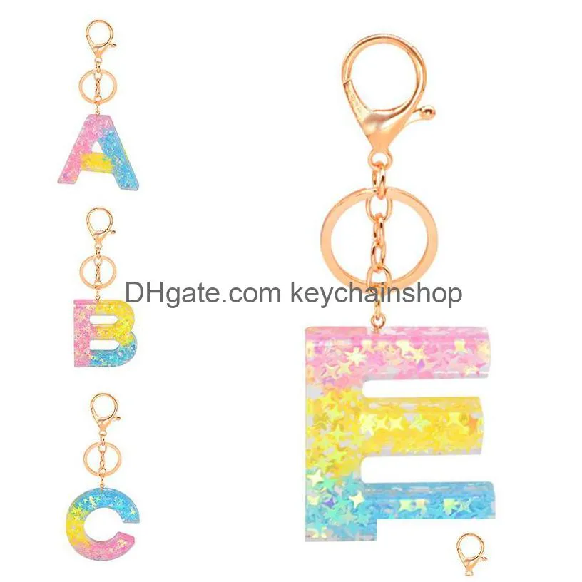 rainbow gradient star sequins keychains letter name a-z keyrings acrylic resin pendant key chain holder bag car charms jewelry