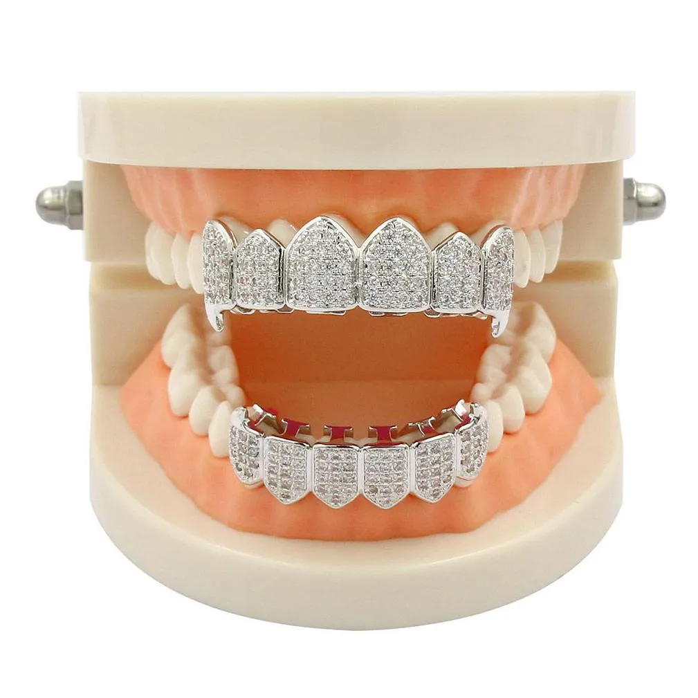 hip hop iced out cz mouth teeth grillz caps top bottom grill set men women vampire grills