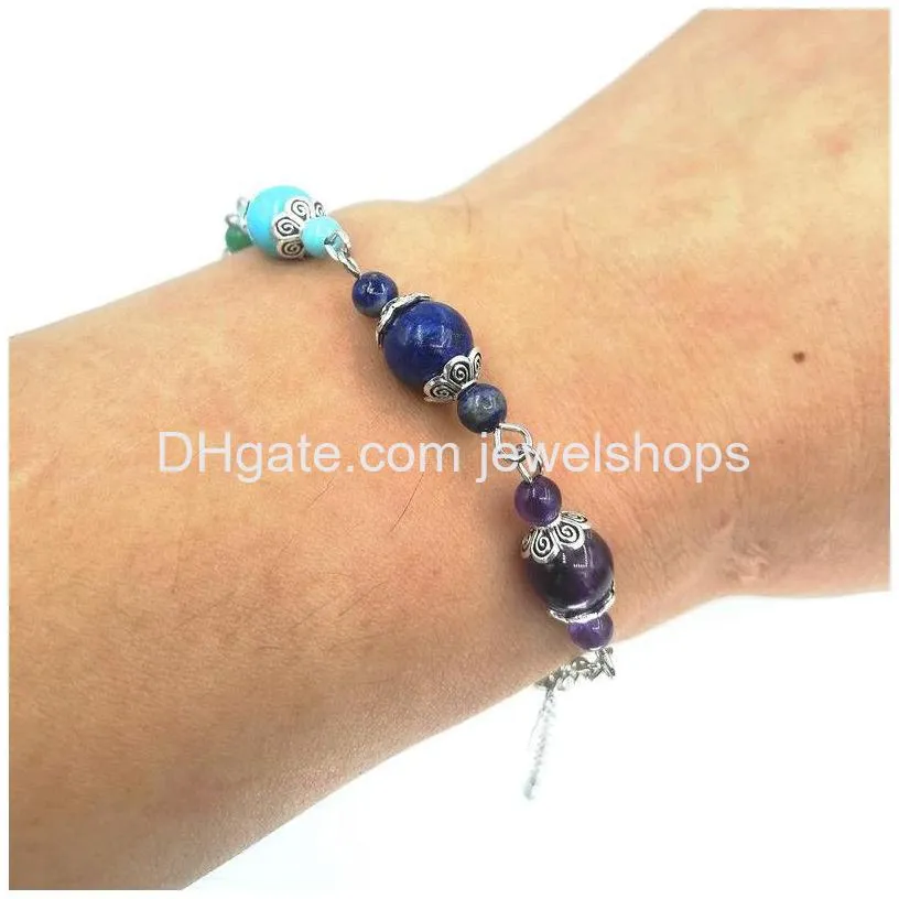 eye pins seven chakra bracelet amethyst lapis tiger eye natural stone anqitue gold/silver flower beads cap spacer findings handmade bracelets for men