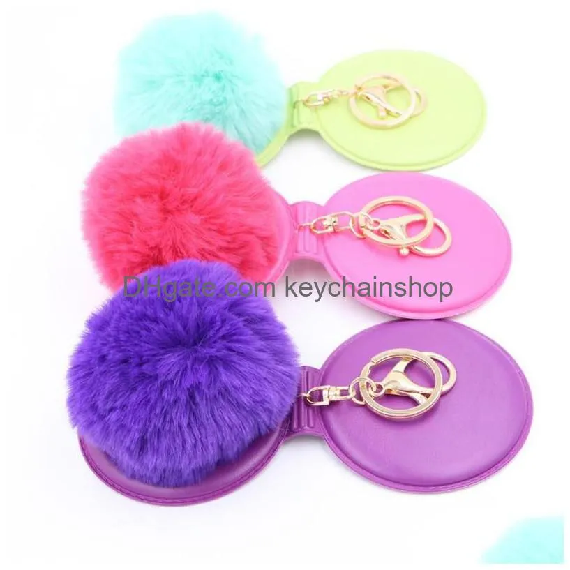 faux fur puff ball mirror keychains multifunctional travel portable pompom mirror keyring personalised key holder