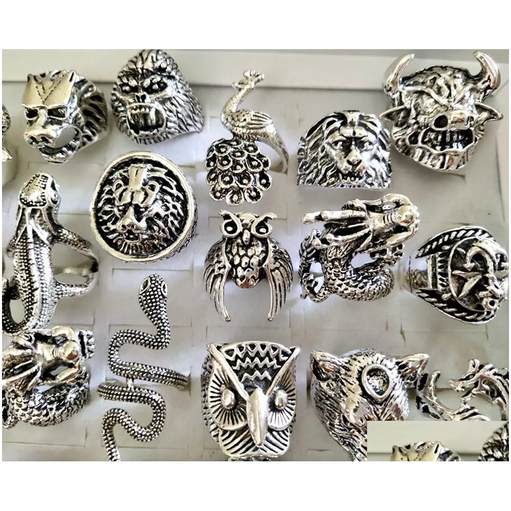 30pcs wholesale top mix exaggerated ferocious animals rocker biker man rings dragon snake elephant owl...etc big men ring party gift