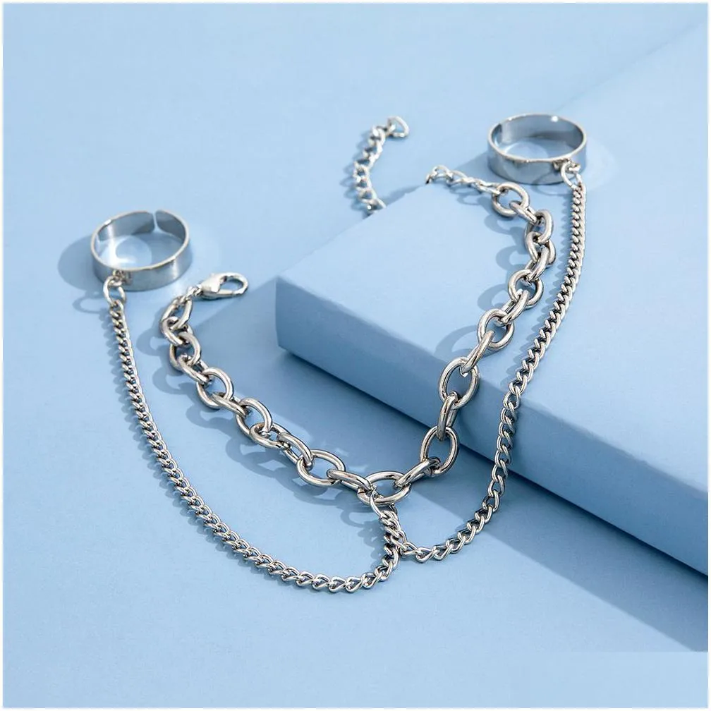punk geometric silver color chain wrist bracelet for men ring charm set couple emo fashion jewelry gifts pulsera mujer