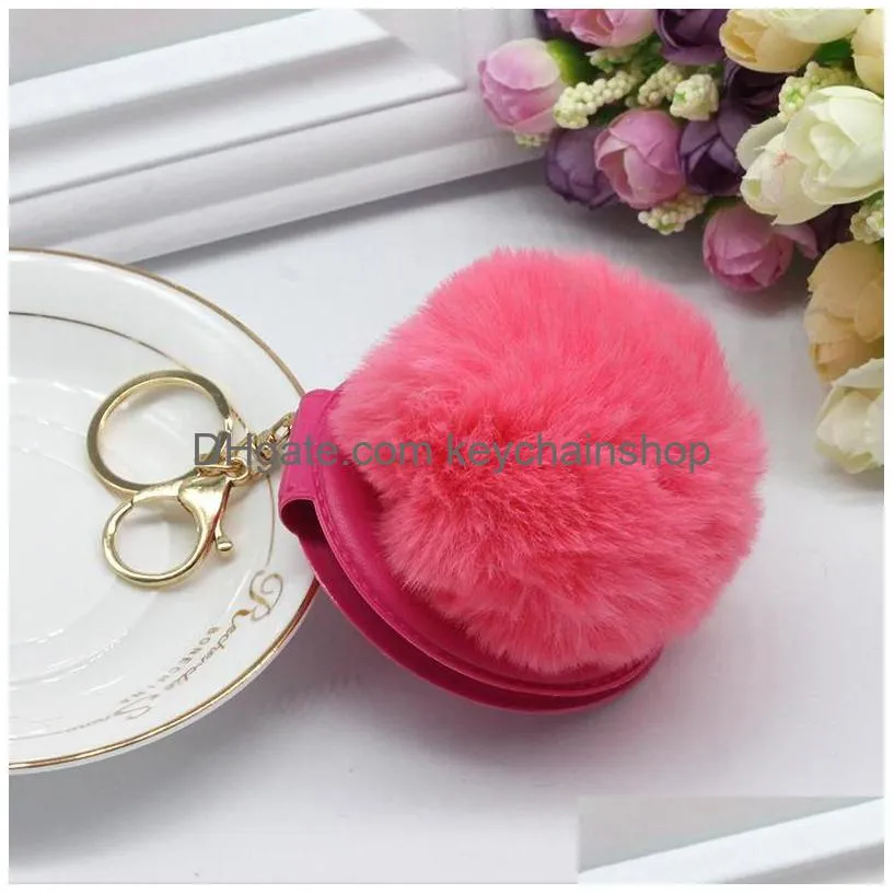 pu round mirror keyring fashion double-sided folding mirror keychain faux fur puff ball key holder pom pom keyring