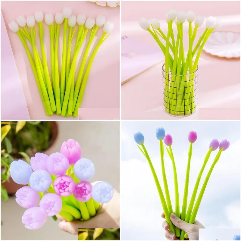 wholesale 20 pcs creative tulip silicone flower gel pen small  cute student examination sign pen stationary pens 210330