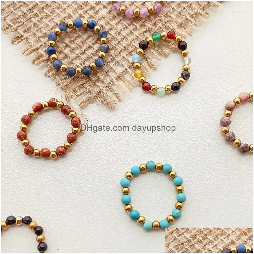 cluster rings momiji 3mm mixed color natural stone for women stainless steel bead elastic rope bohemian fashion jewelry gifts