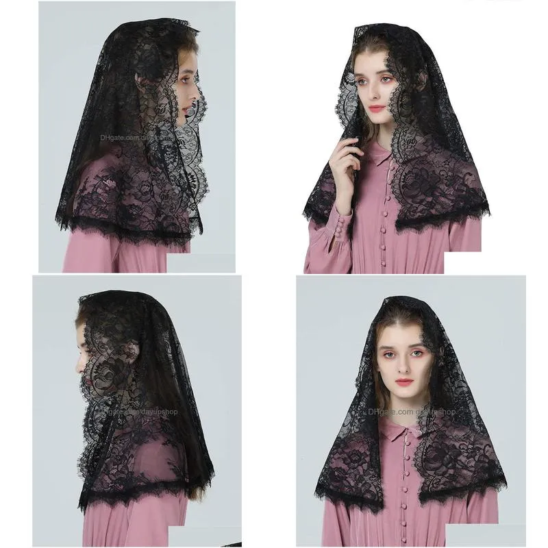 hijabs muslim black bridal catholic head wear lace veil mantilla 230509