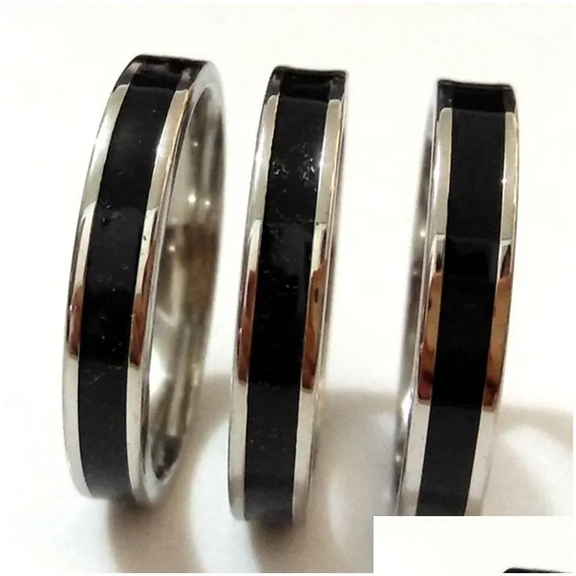 50pcs black enamel 4mm silver stainless steel wedding band rings men women fashion finger ring wholesale trendy jewelry sale party