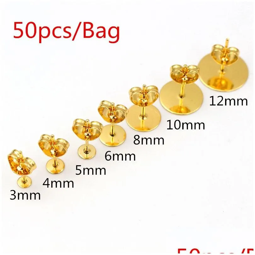 50-100pcs/lot gold stainless steel earring studs blank post base pins with earring plug findings ear back for diy jewelry making