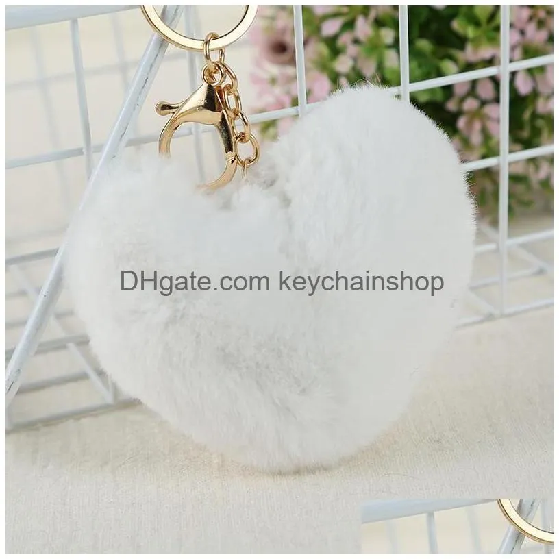fashion heart pompoms keychain colorful fuzziness plush balls keyring decorative pendant for women car bag accessories key ring
